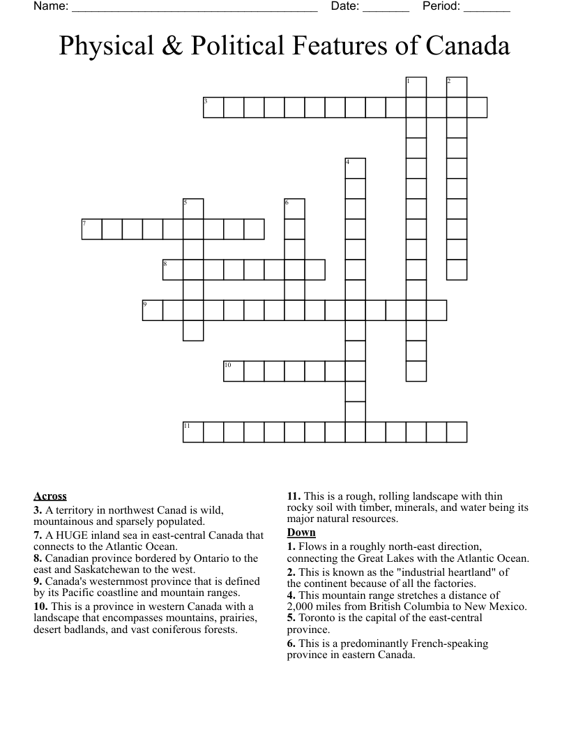 Physical & Political Features of Canada Crossword