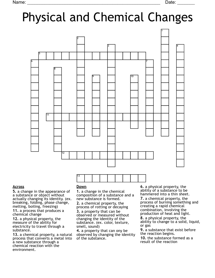 Physical and Chemical Changes Crossword