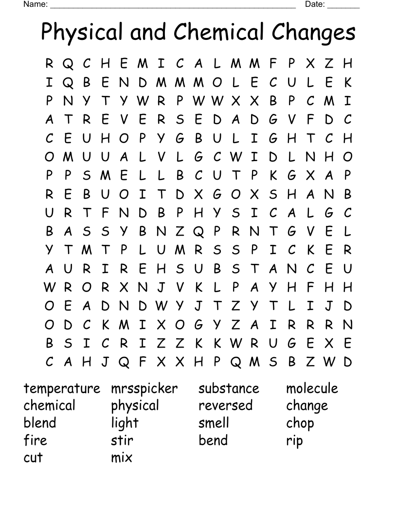 Physical and Chemical Changes Word Search