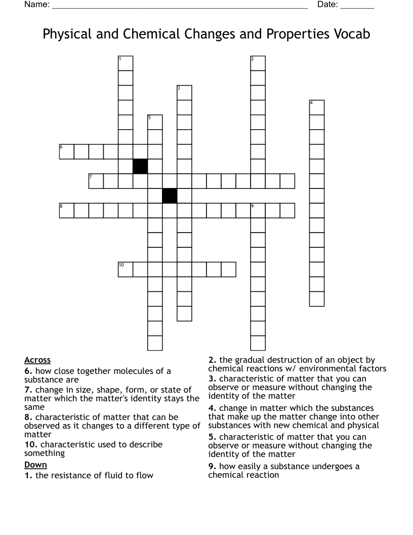Physical and Chemical Changes and Properties Vocab Crossword