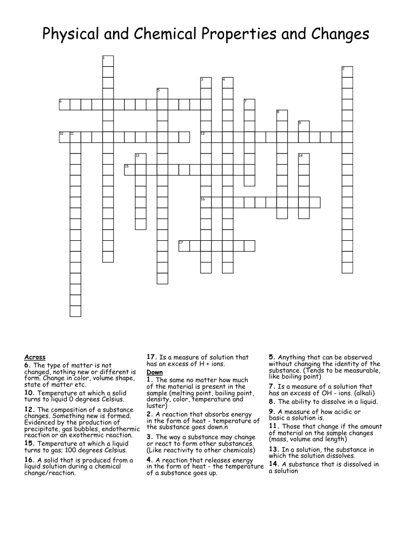 Physical and Chemical Properties and Changes Crossword
