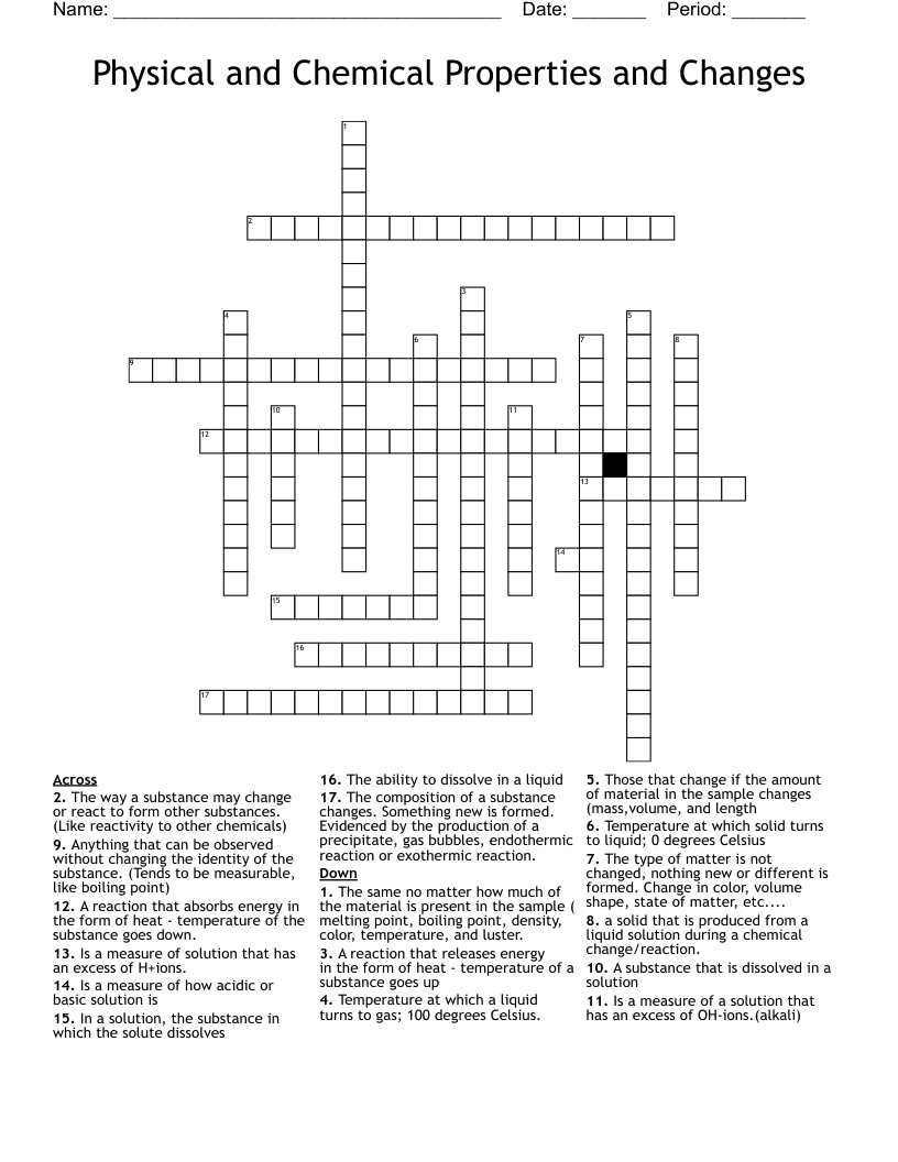 Physical and Chemical Properties and Changes Crossword