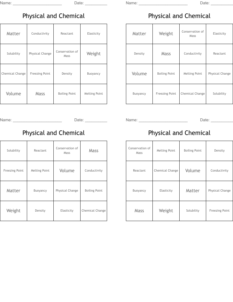 Physical and Chemical  Bingo Cards