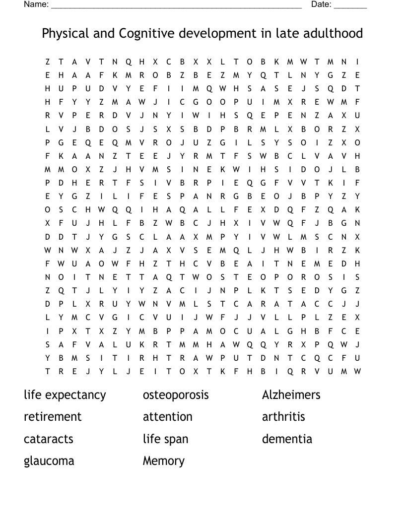 Physical and Cognitive development in late adulthood Word Search