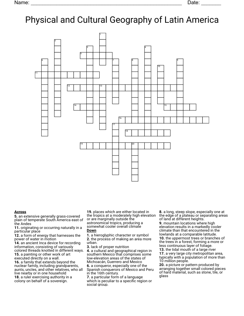 Physical and Cultural Geography of Latin America Crossword