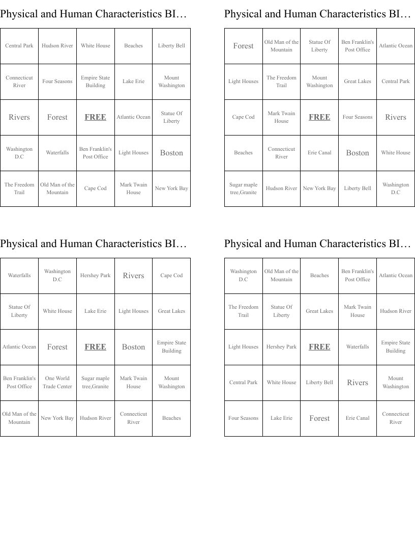 Physical and Human Characteristics BINGO