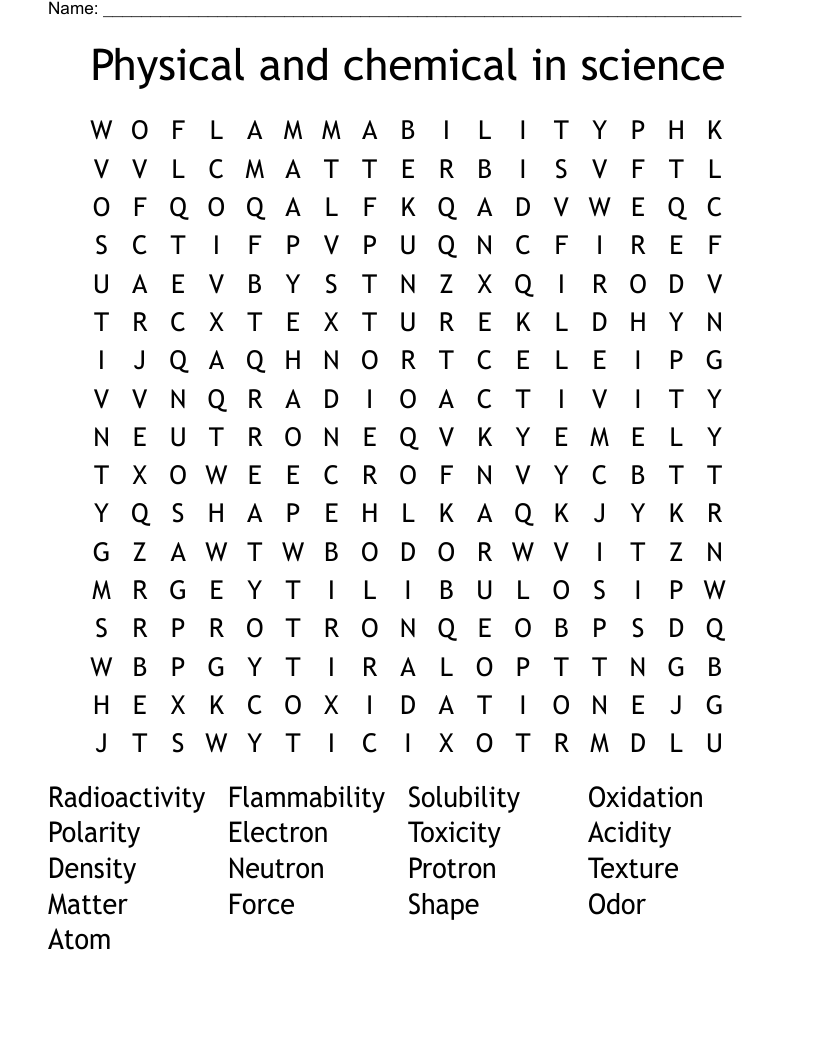Physical and chemical in science  Word Search