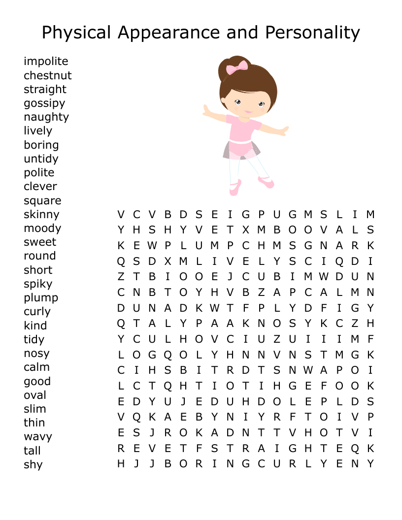 Physical Appearance and Personality Word Search