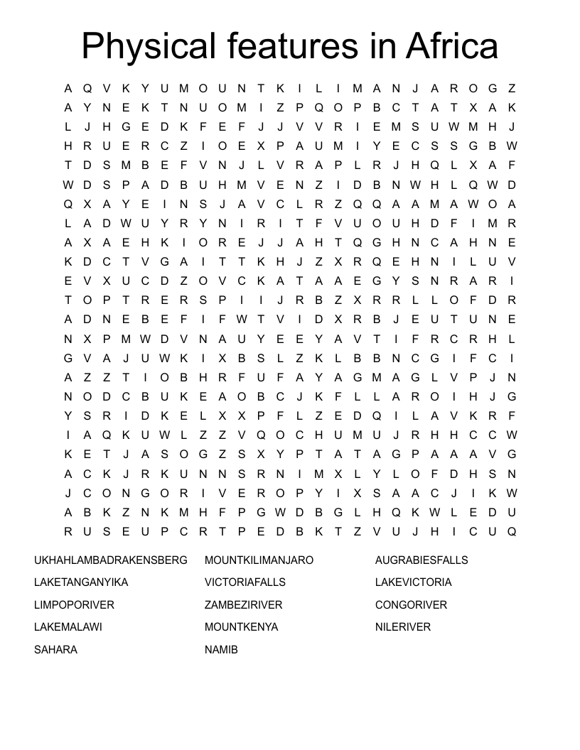 Physical features in Africa Word Search