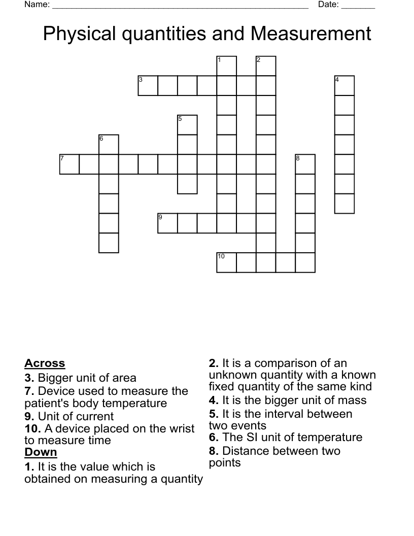 Physical quantities and Measurement Crossword