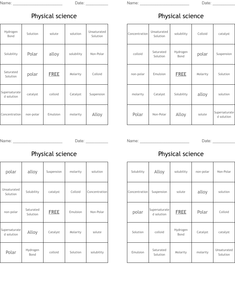 Physical science  Bingo Cards