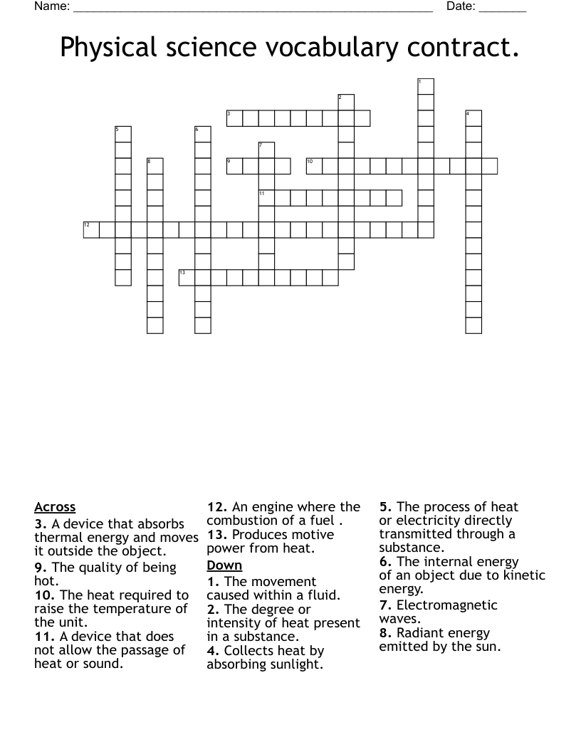 Physical science vocabulary contract. Crossword