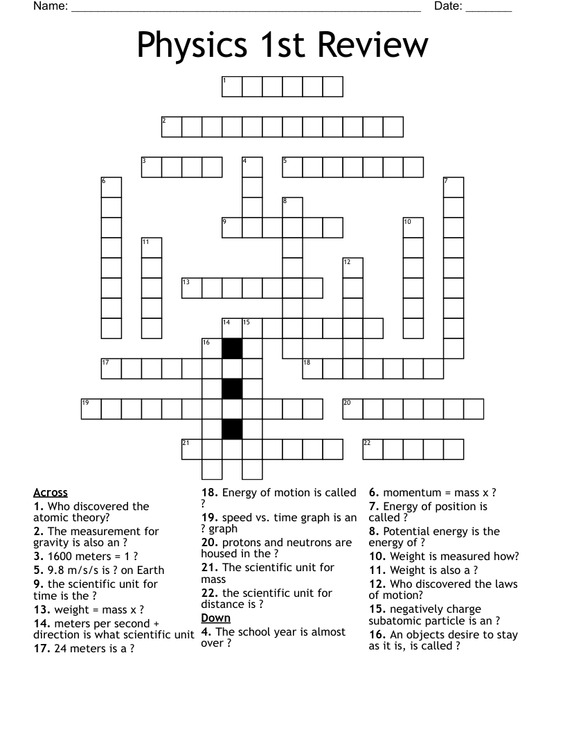 Physics 1st Review Crossword