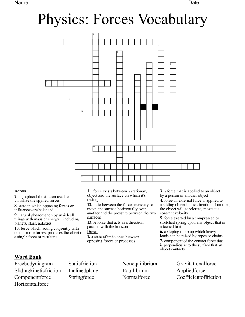 Physics: Forces Vocabulary Crossword