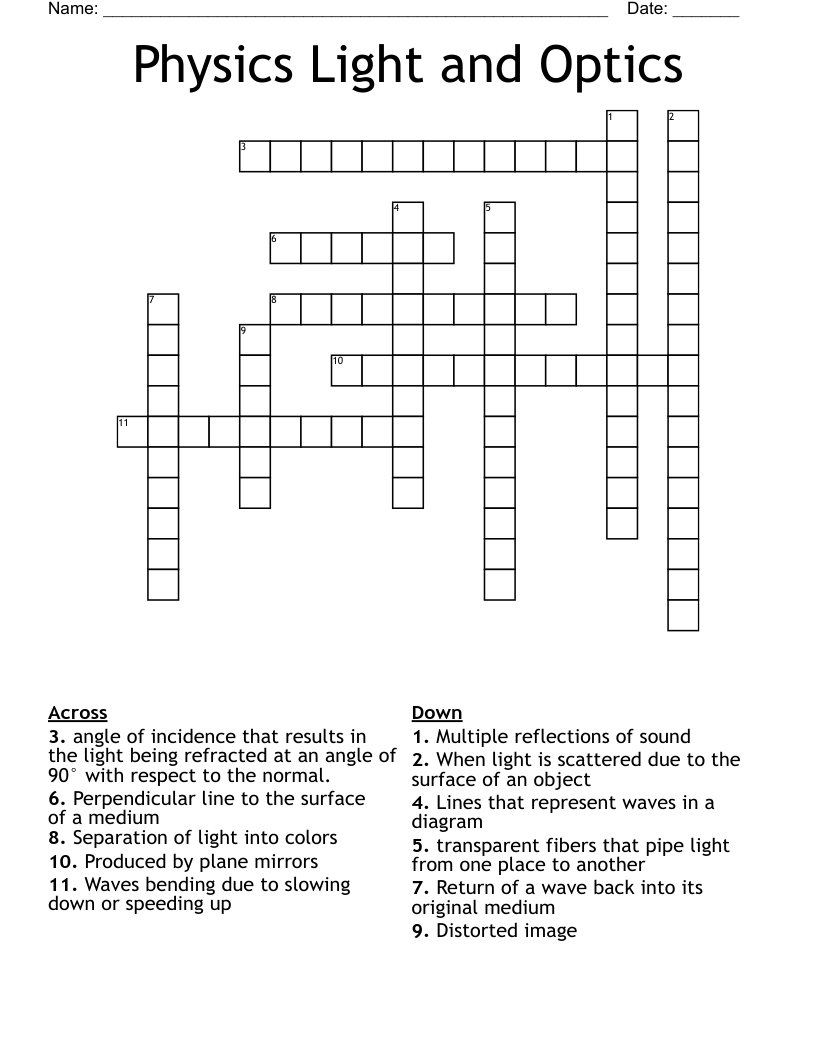 Physics Light and Optics Crossword