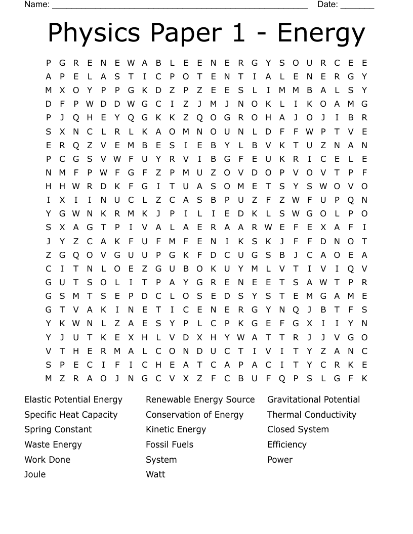 Physics Paper 1 - Energy  Word Search