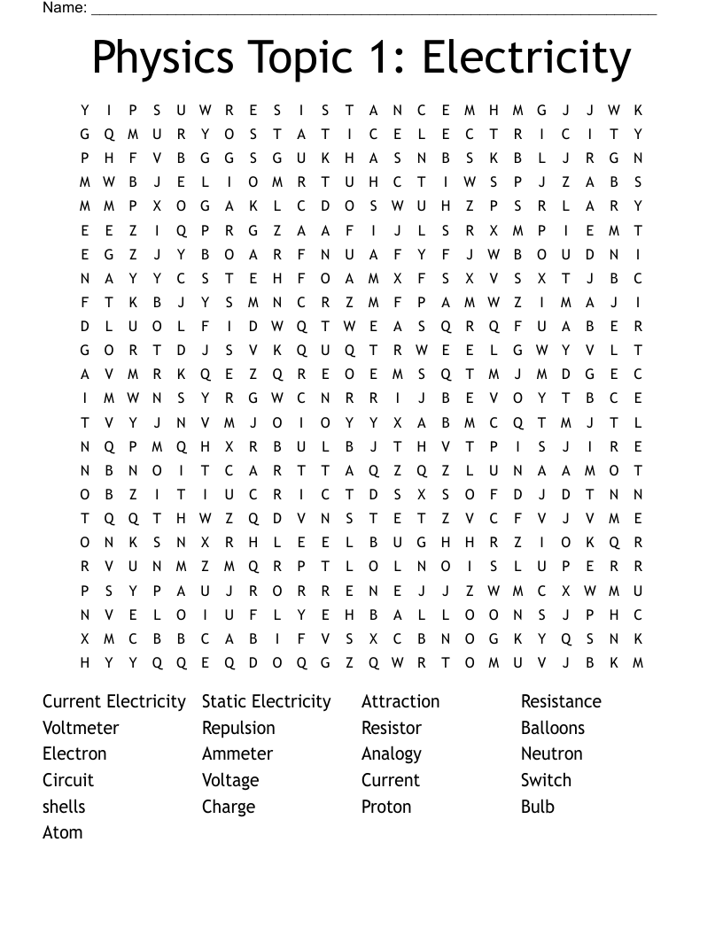 Physics Topic 1: Electricity  Word Search