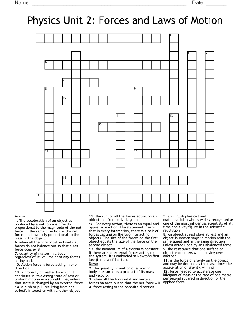 Physics Unit 2: Forces and Laws of Motion  Crossword