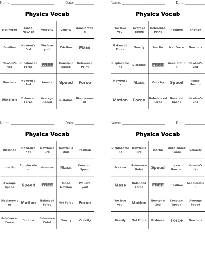 Physics Vocab Bingo Cards