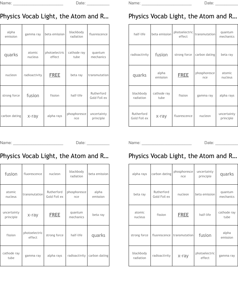 Physics Vocab Light, the Atom and Radioactivity Bingo Cards