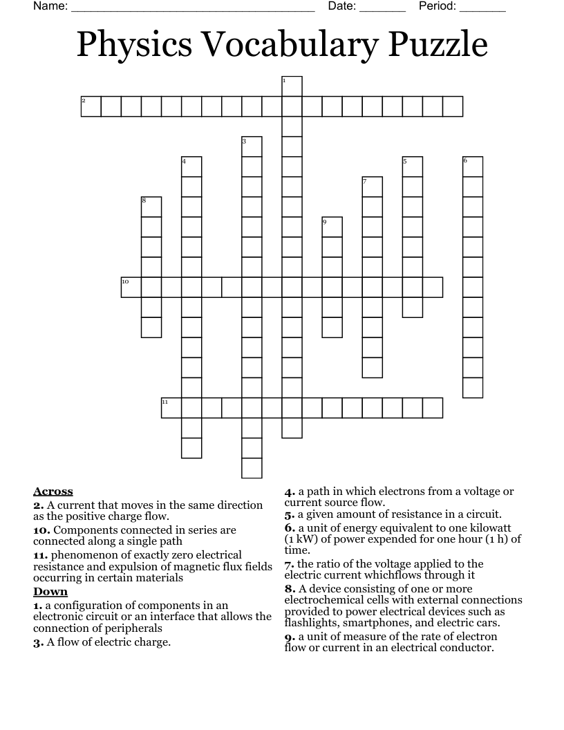 Physics Vocabulary Puzzle Crossword