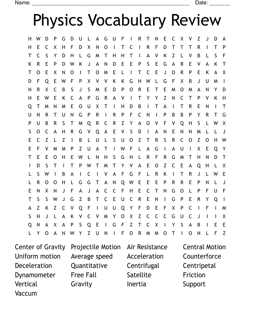 Physics Vocabulary Review Word Search