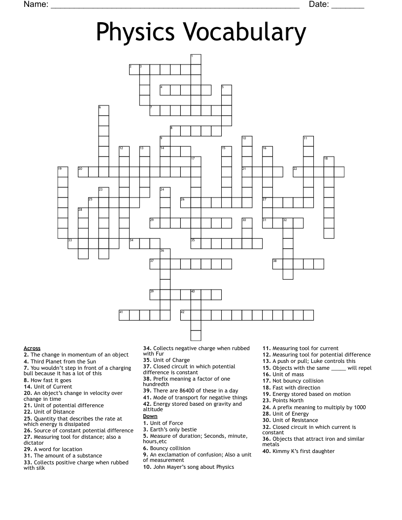 Physics Vocabulary  Crossword