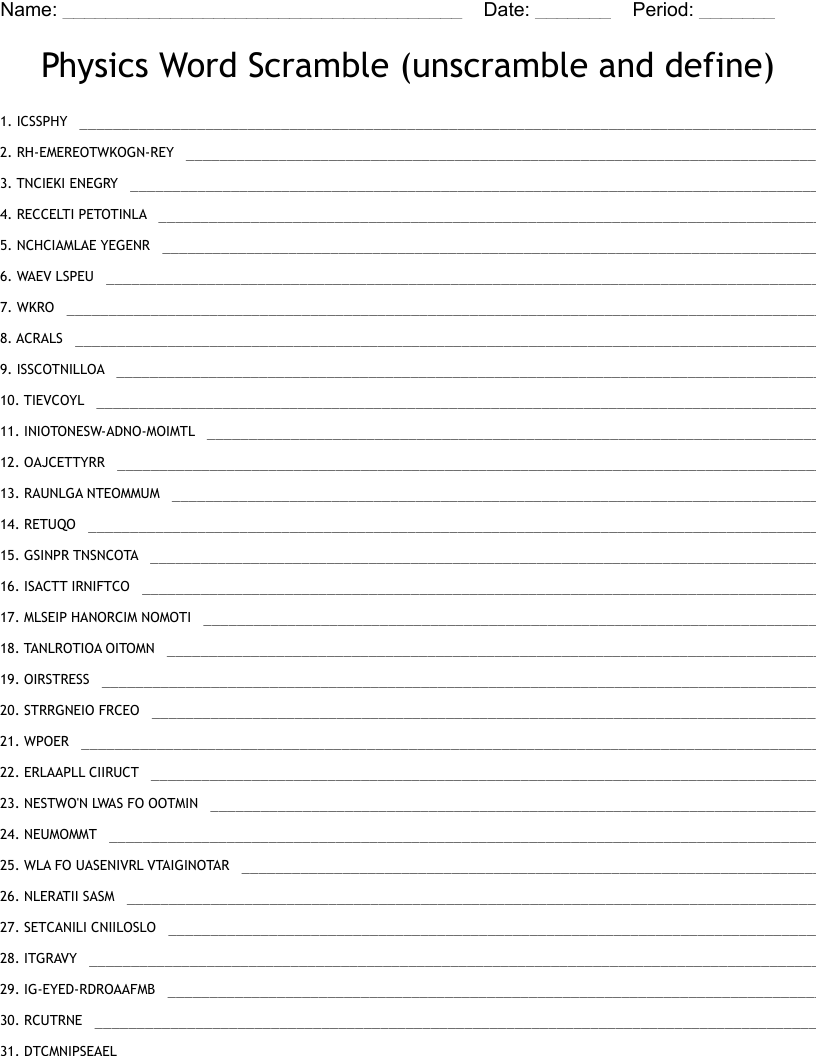 Physics Word Scramble (unscramble and define)