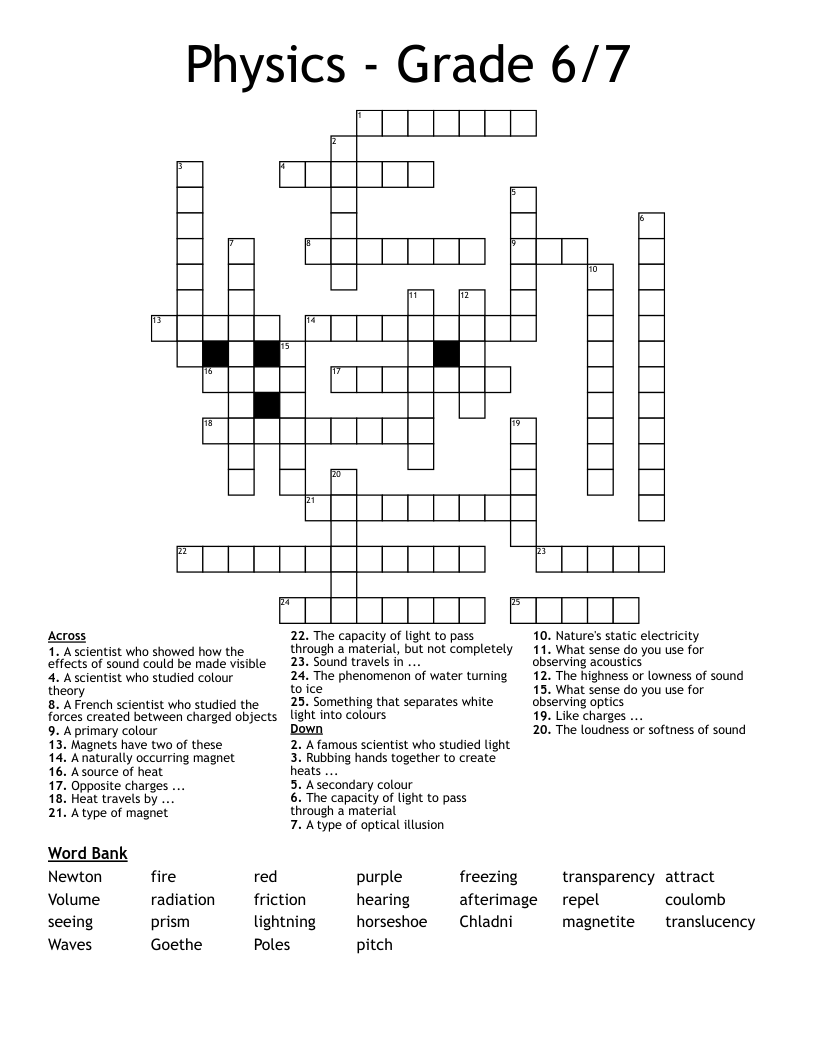 Physics - Grade 6/7 Crossword