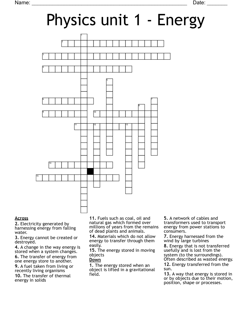 Physics unit 1 - Energy Crossword