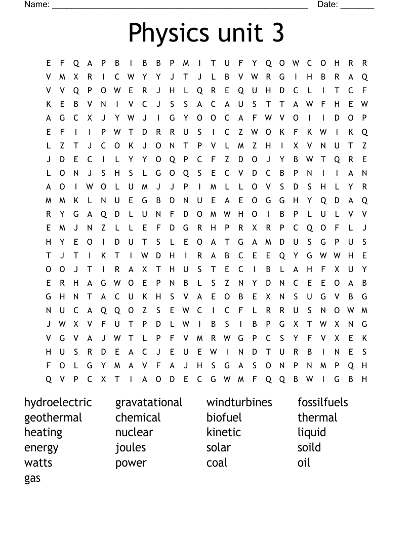 Physics unit 3 Word Search
