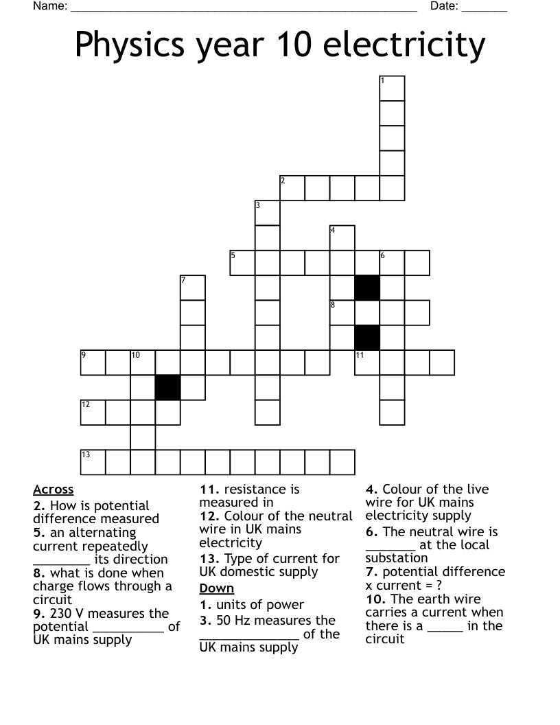 Physics year 10 electricity Crossword