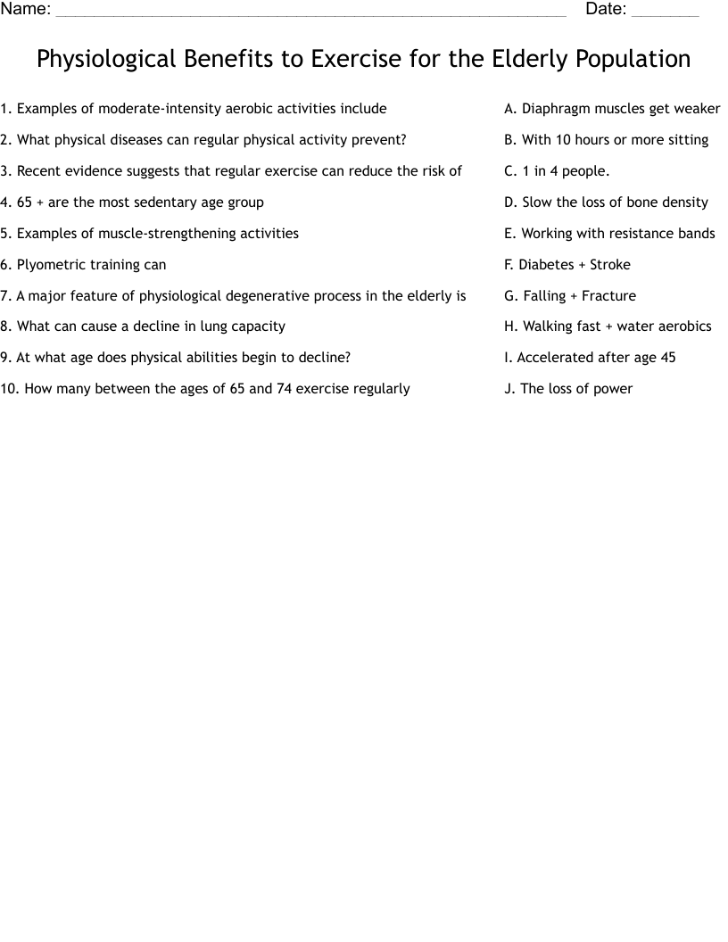 Physiological Benefits to Exercise for the Elderly Population Worksheet