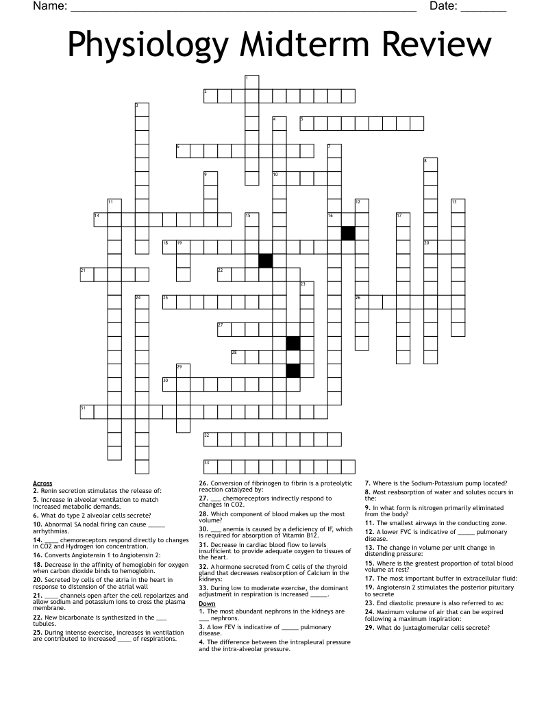 Physiology Midterm Review Crossword