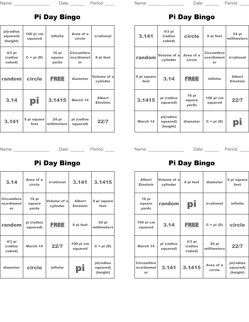 Pi Day Bingo