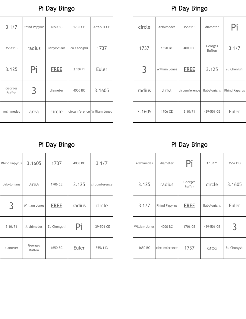 Pi Day Bingo