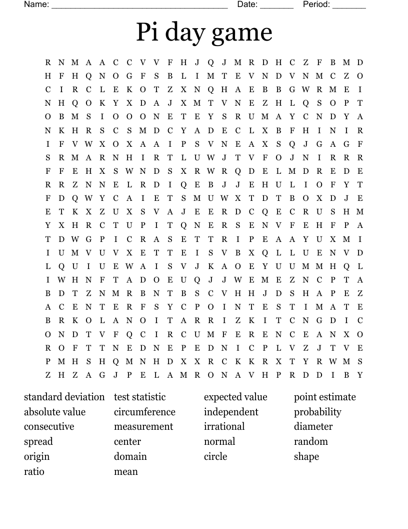Pi day game  Word Search