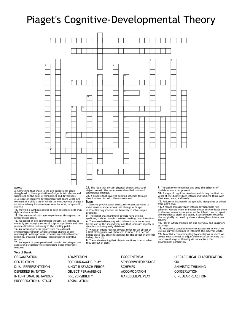 Piaget's Cognitive-Developmental Theory  Crossword