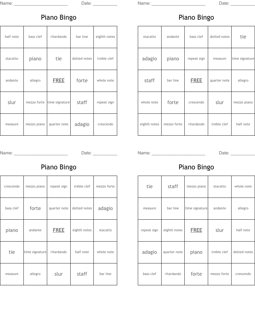 Piano Bingo