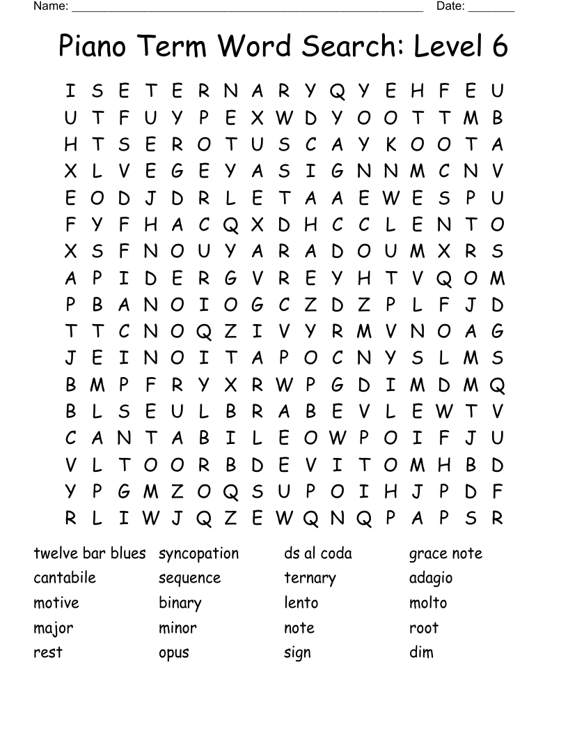 Piano Term Word Search: Level 6
