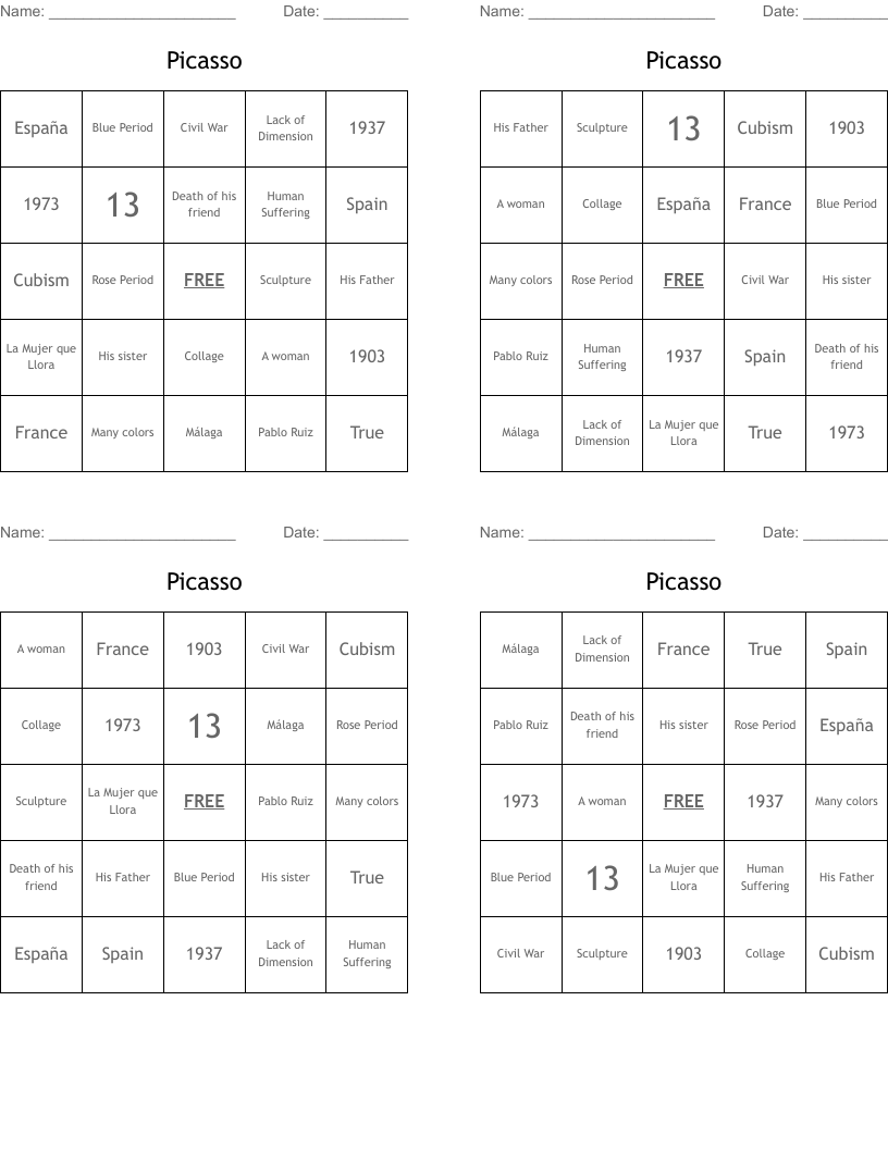 Picasso Bingo Cards