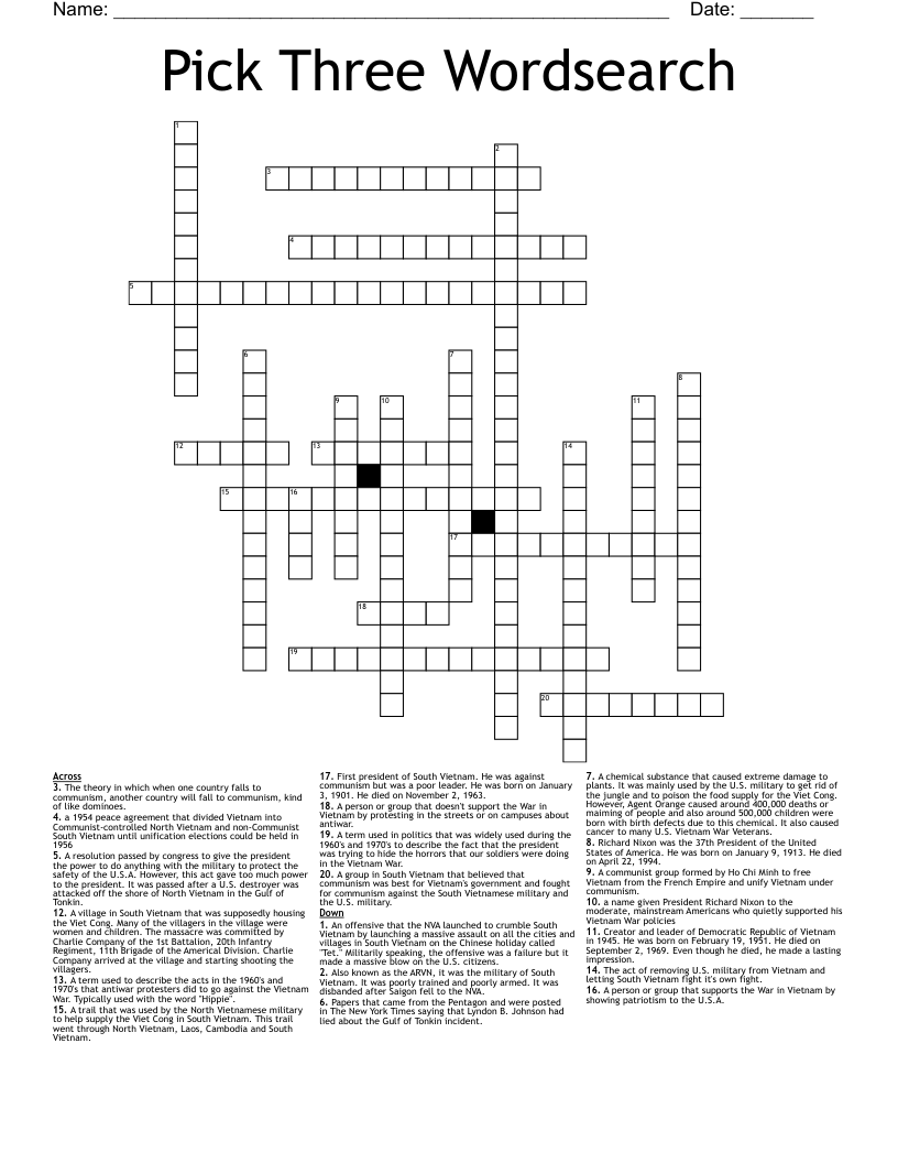 Pick Three Wordsearch Crossword
