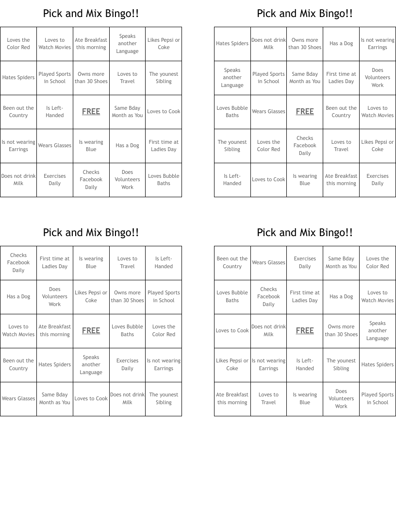 Pick and Mix Bingo!!