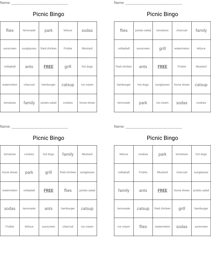 Picnic Bingo