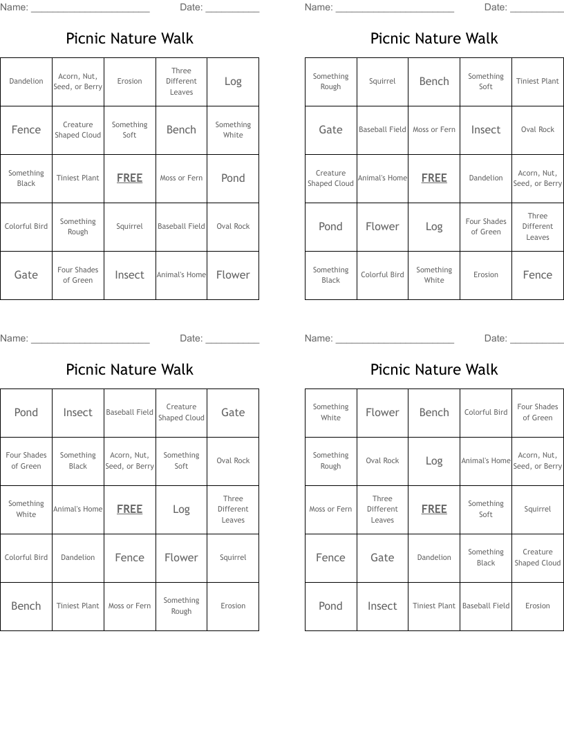 Picnic Nature Walk Bingo Cards