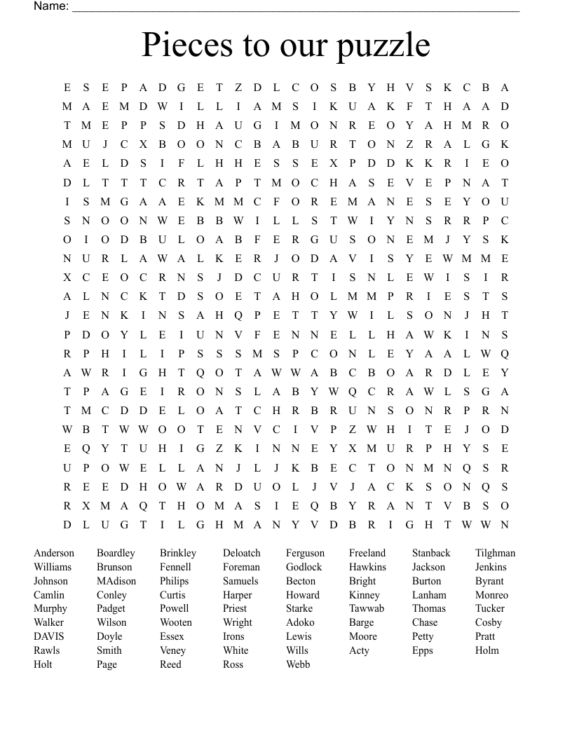 Pieces to our puzzle  Word Search