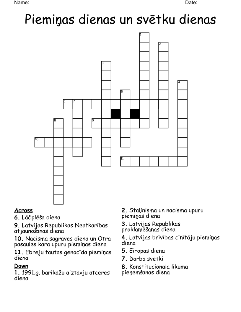 Piemiņas dienas un svētku dienas Crossword
