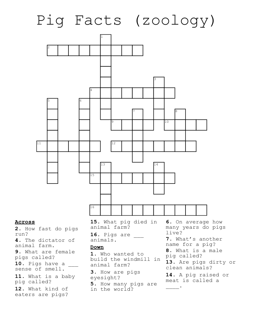 Pig Facts (zoology) Crossword