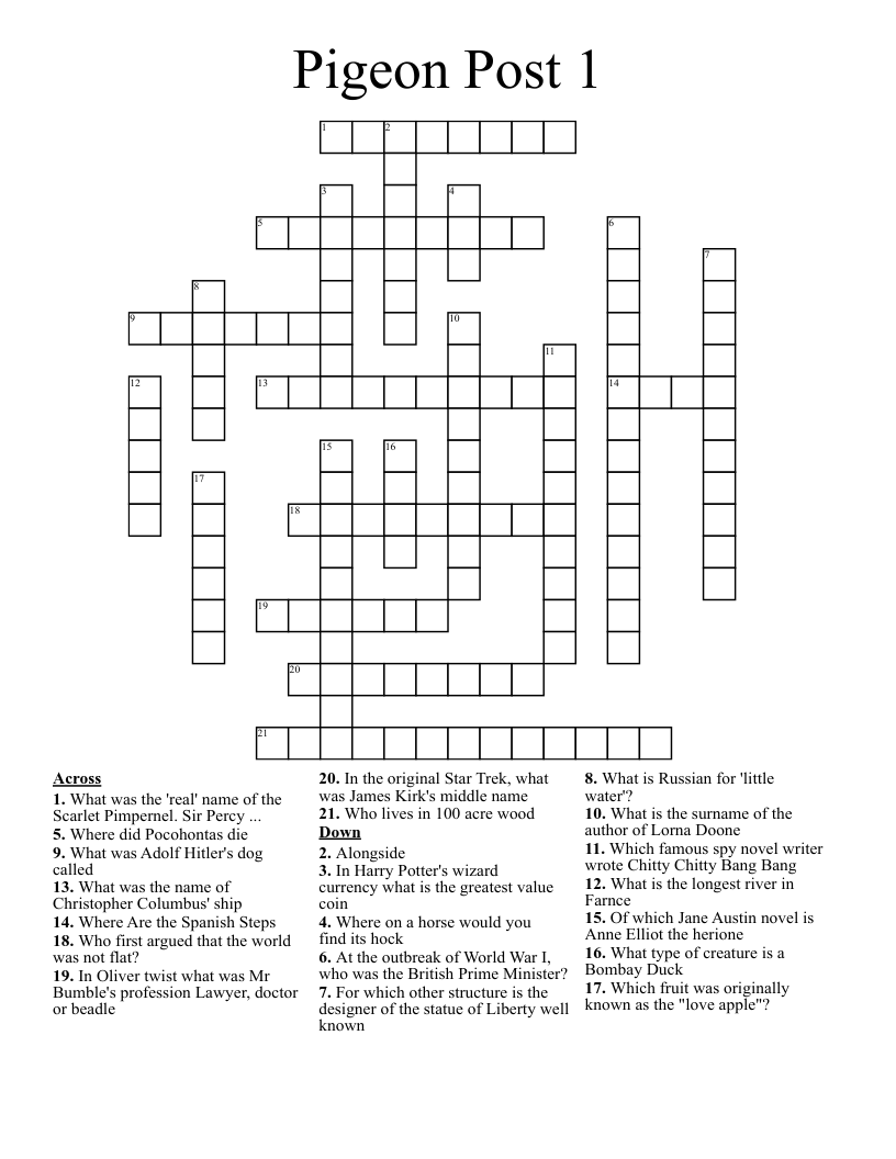 Pigeon Post 1 Crossword