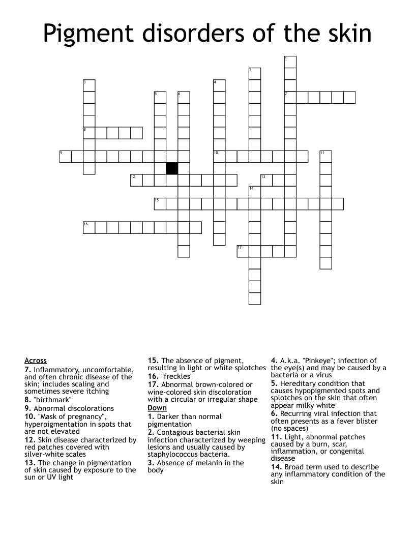 Pigment disorders of the skin Crossword